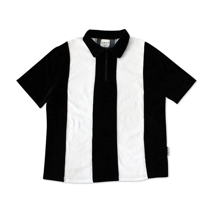 SKATEBOARD CAFE STRIPE 1/4 ZIP VELOUR POLO SHIRT